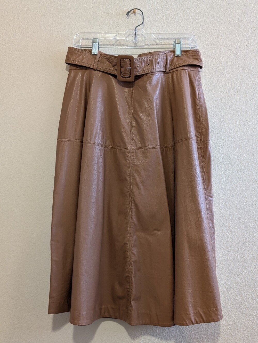 NWT Ann Taylor Petite Faux Leather A-Line Midi Skirt in Brown with Belt